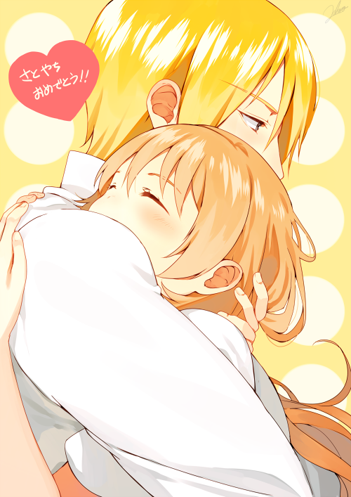 1boy, 1girl, blonde_hair, closed_eyes, couple, hako_ichiiro, hetero, hug