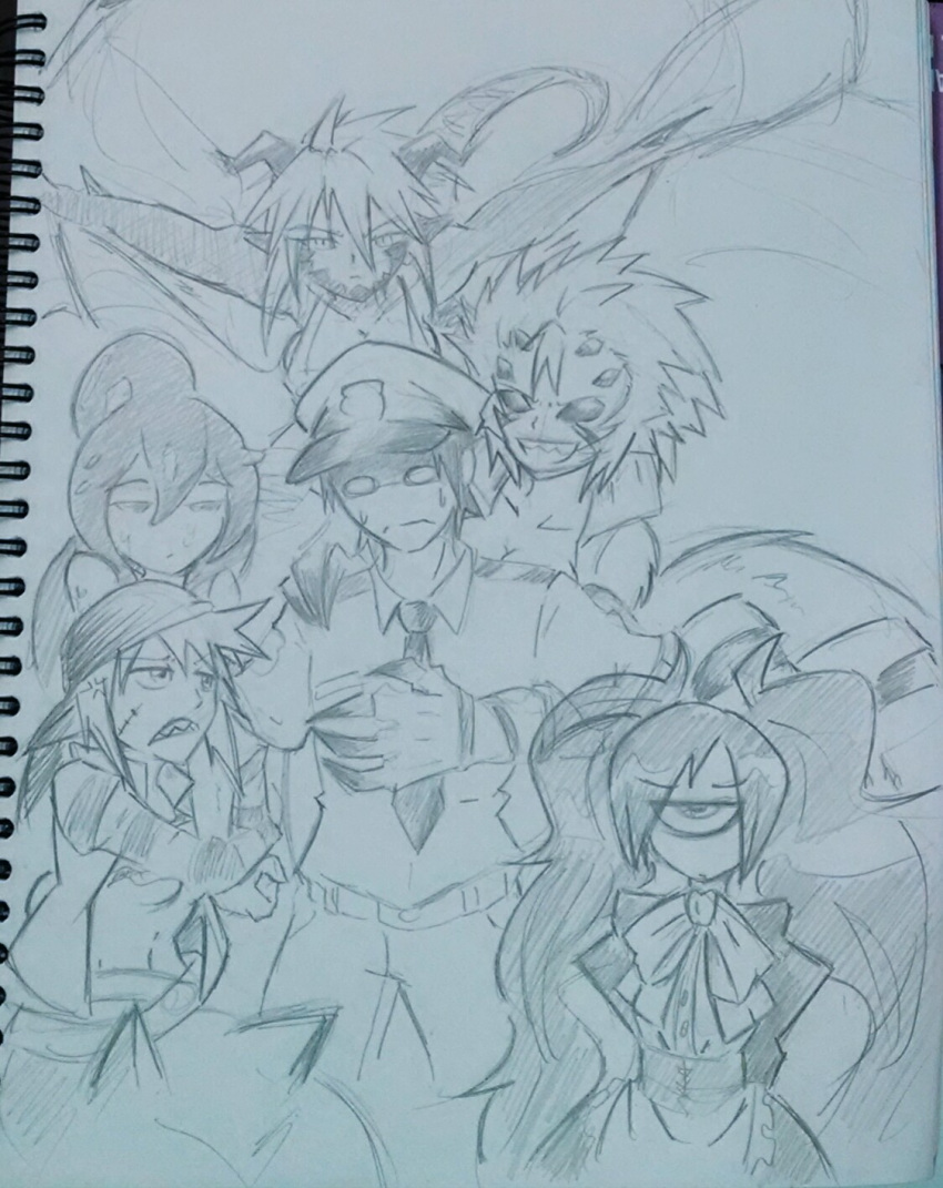 1boy, 5girls, ahoge, anger_vein, arachne, artist_request, backbeard_(monster_musume), blank_eyes, bow, breasts, claws, cleavage, cyclops, dragon_girl, dragon_horns, dragon_tail, dragon_wings, drawfag, extra_eyes, green_slime_(monster_musume), grin, hat, head_fins, head_scarf, highres, horns, insect_girl, large_breed_(monster_musume), long_hair, mermaid, monochrome, monster_girl, monster_musume_no_iru_nichijou, multiple_girls, necktie, one-eyed, police, police_hat, police_uniform, policeman, scales, scar, shark_race_(monster_musume), sharp_teeth, shirt, short_hair, sketch, slit_pupils, smile, spider_girl, stitches, striped, striped_shirt, sweatdrop, tail, twintails, under_boob, uniform, very_long_hair, wings, wyvern_(monster_musume)