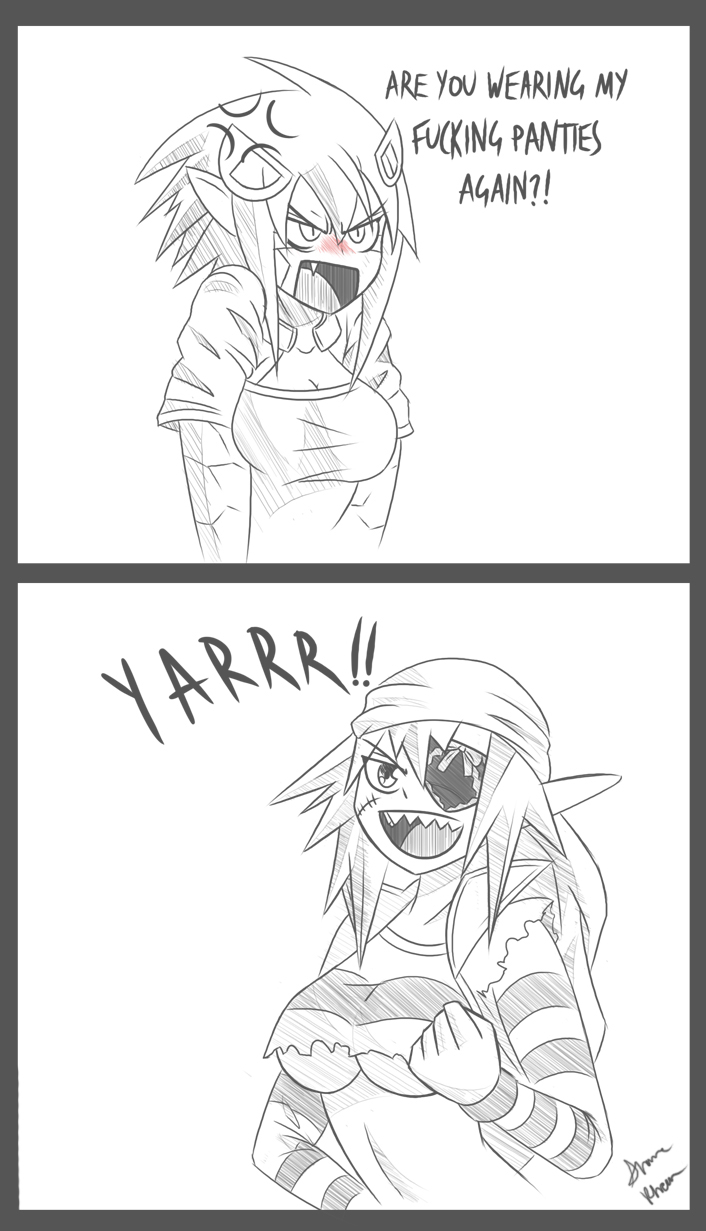 2girls, 2koma, anger_vein, artist_request, breasts, comic, drawfag, echidna_(monster_musume), english, eyepatch, fang, hair_ornament, hairclip, head_fins, head_scarf, highres, lamia, mermaid, monochrome, monster_girl, monster_musume_no_iru_nichijou, multiple_girls, object_on_head, panties, panties_on_head, pointy_ears, scales, scar, shark_race_(monster_musume), sharp_teeth, shirt, signature, sketch, slit_pupils, spot_color, stitches, striped, striped_shirt, under_boob, underwear, vest