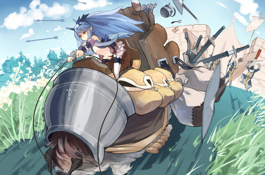 1girl, blue_hair, bow_(weapon), eli_amethyst, long_hair, pixiv_fantasia, pixiv_fantasia_fallen_kings, pointy_ears, primrose, red_eyes, riding, sword, very_long_hair, weapon