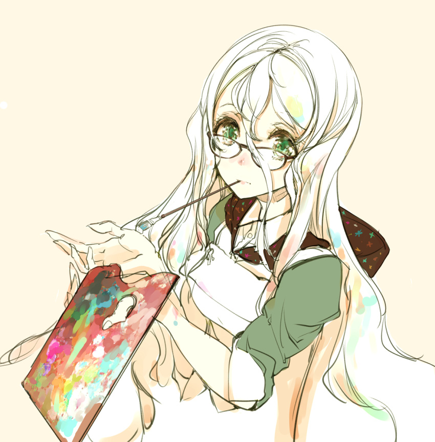 1girl, bangs, brown-framed_glasses, dress_shirt, endou_okito, glasses, green_eyes, hair_between_eyes
