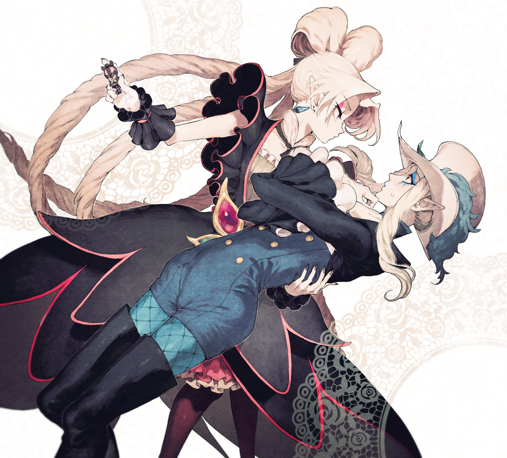 1boy, 1girl, akagi_towa, akutsumi, albino, arched_back, arm_around_waist, black_dress