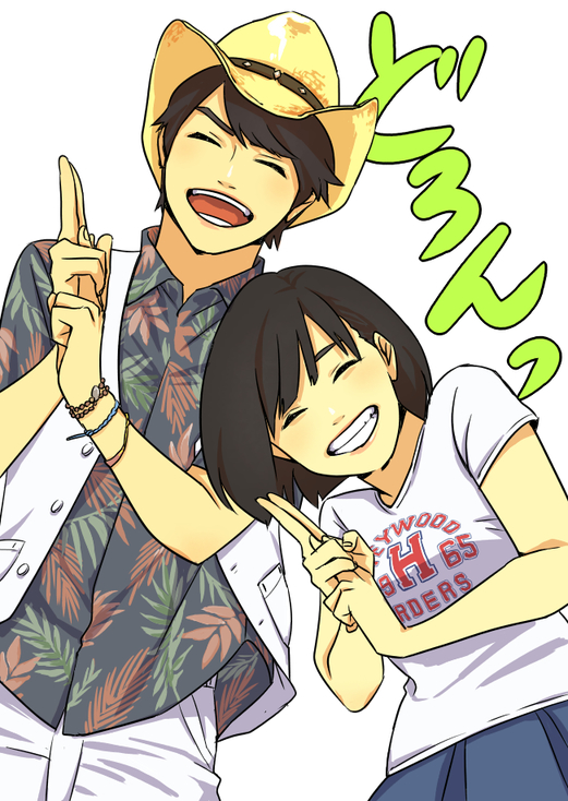 1boy, 1girl, black_hair, closed_eyes, cowboy_hat, female, grin, hand_seal