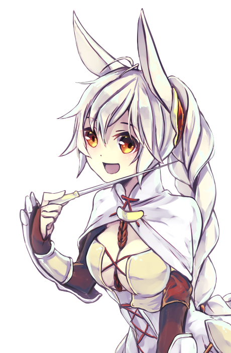 1girl, animal_ears, aoi_koto_madoka, blonde_hair, braid, breasts, cleavage, hair_ornament