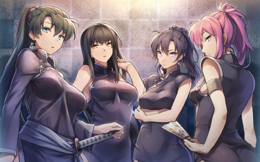 4girls, black_hair, character_request, dress, fire_emblem, green_eyes, highres, karla