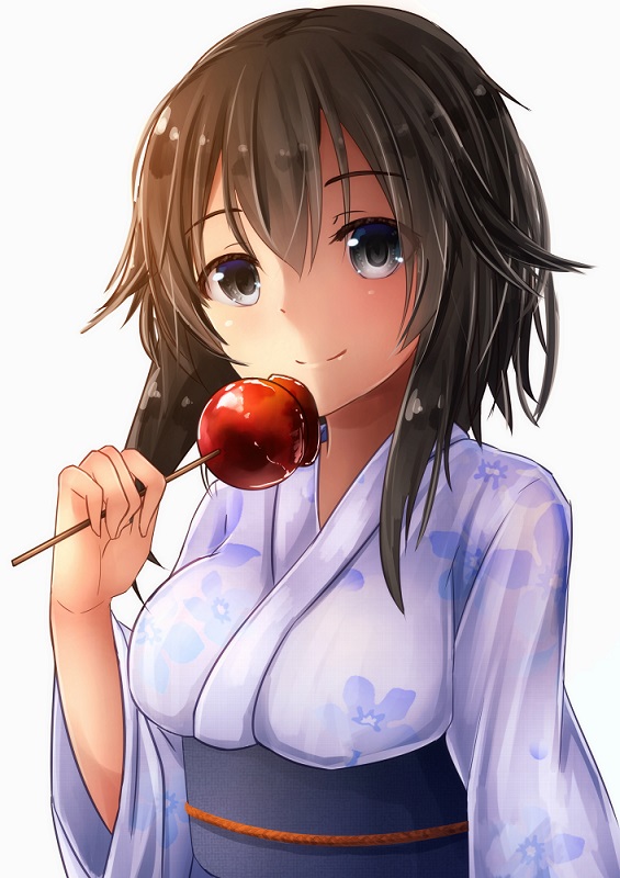 1girl, black_hair, candy_apple, hayasui_(kantai_collection), japanese_clothes, kakigouri, kantai_collection, kimono, looking_at_viewer, short_hair, smile, solo, yukata