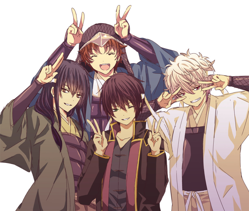 4boys, black_hair, brown_hair, double_v, gintama, headband, katsura_kotarou, kiichi_go, long_hair, male_focus, multiple_boys, one_eye_closed, sakamoto_tatsuma, sakata_gintoki, shiroyasha_(mondaiji), short_hair, simple_background, takasugi_shinsuke, v, white_background