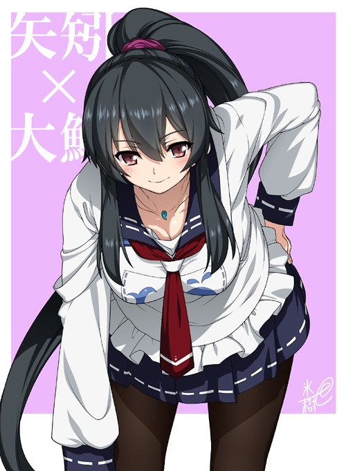 1girl, apron, bent_over, black_hair, black_legwear, character_name, cosplay, hyouju_issei