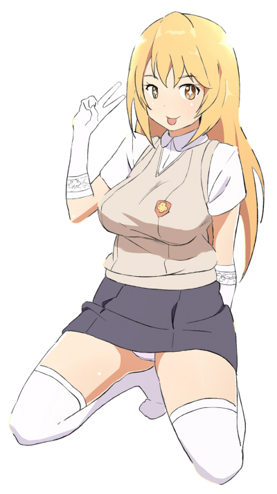 +_+, 1girl, blonde_hair, brown_eyes, elbow_gloves, elel185, gloves, kneeling