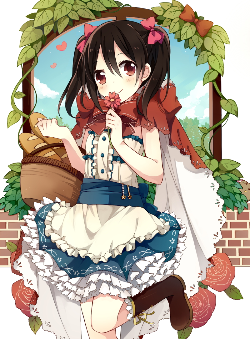 1girl, a_(riduass023), basket, black_hair, cosplay, flower, hood, little_red_riding_hood