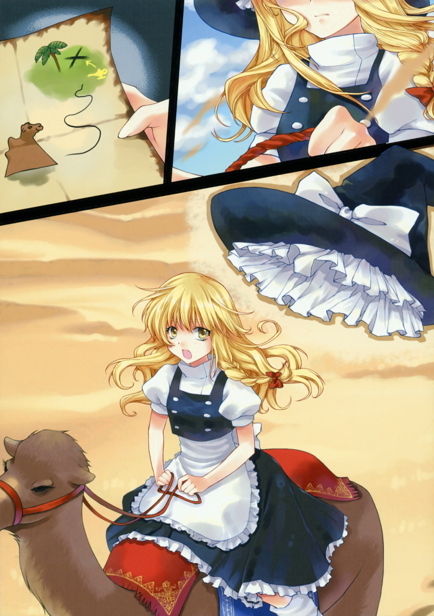 blonde_hair, braid, buttons, camel, cloud, desert, dress, hair_ribbon