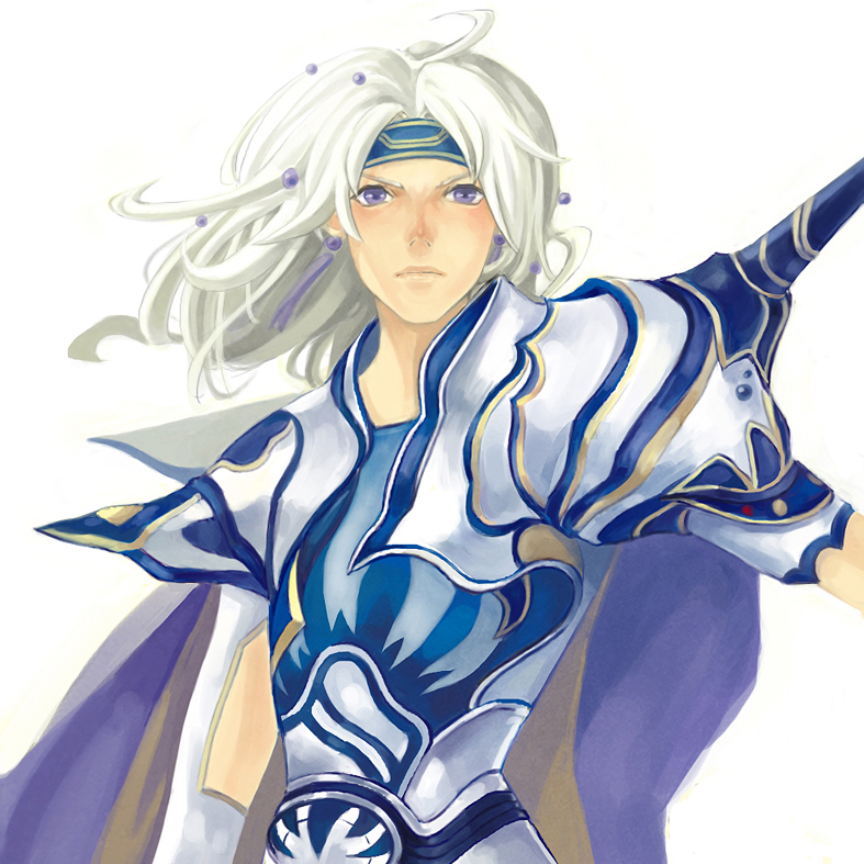 armor, cape, cecil_harvey, dissidia_final_fantasy, earrings, final_fantasy, final_fantasy_iv, hair_ornament, headband, jewelry, krebs, long_hair, male, paladin, purple_eyes, simple_background, solo, violet_eyes, white_hair