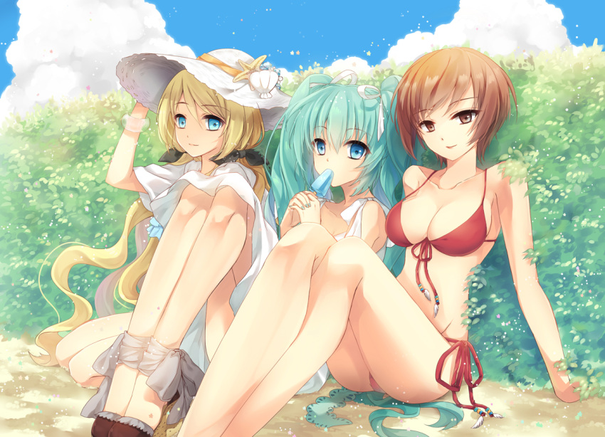 3girls, alternate_hairstyle, aqua_hair, bikini, blonde_hair, blue_eyes, bracelet, breasts, brown_eyes, brown_hair, bush, ceru, clouds, dress, food_in_mouth, hand_on_headwear, hat, hatsune_miku, high_heels, jewelry, large_breasts, lily_(vocaloid), long_hair, looking_at_viewer, meiko, multiple_girls, popsicle, red_bikini, ribbon, shell, short_hair, sitting, sky, smile, summer, sun_hat, sundress, swimsuit, transparent, twintails, vocaloid, white_dress