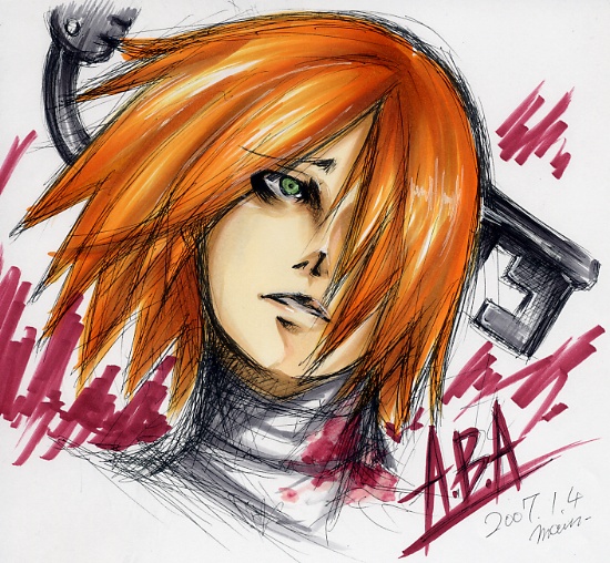 bags_under_eyes, date, green_eyes, guilty_gear, hair_over_one_eye, key, maon, marker_(medium), millipen, millipen_(medium), orange_hair, portrait, short_hair, signature, sketch, traditional_media