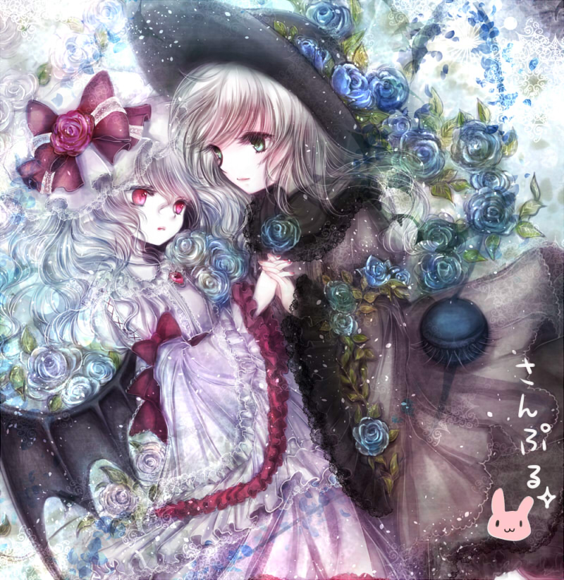 2girls, adapted_costume, alternate_costume, bat_wings, bow, dress, dutch_angle, eyeball, face-to-face, flower, frills, green_eyes, hat, hat_flower, himemurasaki, holding_hands, komeiji_koishi, long_hair, long_sleeves, looking_at_another, multiple_girls, puffy_sleeves, red_eyes, remilia_scarlet, ribbon, rose, silver_hair, string, text, third_eye, touhou, translation_request, wide_sleeves, wings