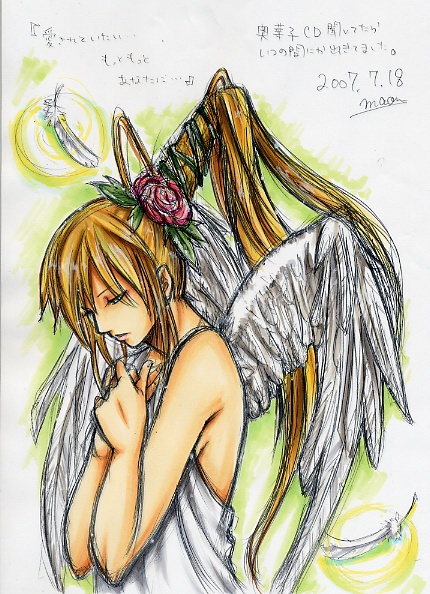 closed_eyes, date, feathers, hands_on_own_chest, long_hair, maon, marker_(medium), millipen