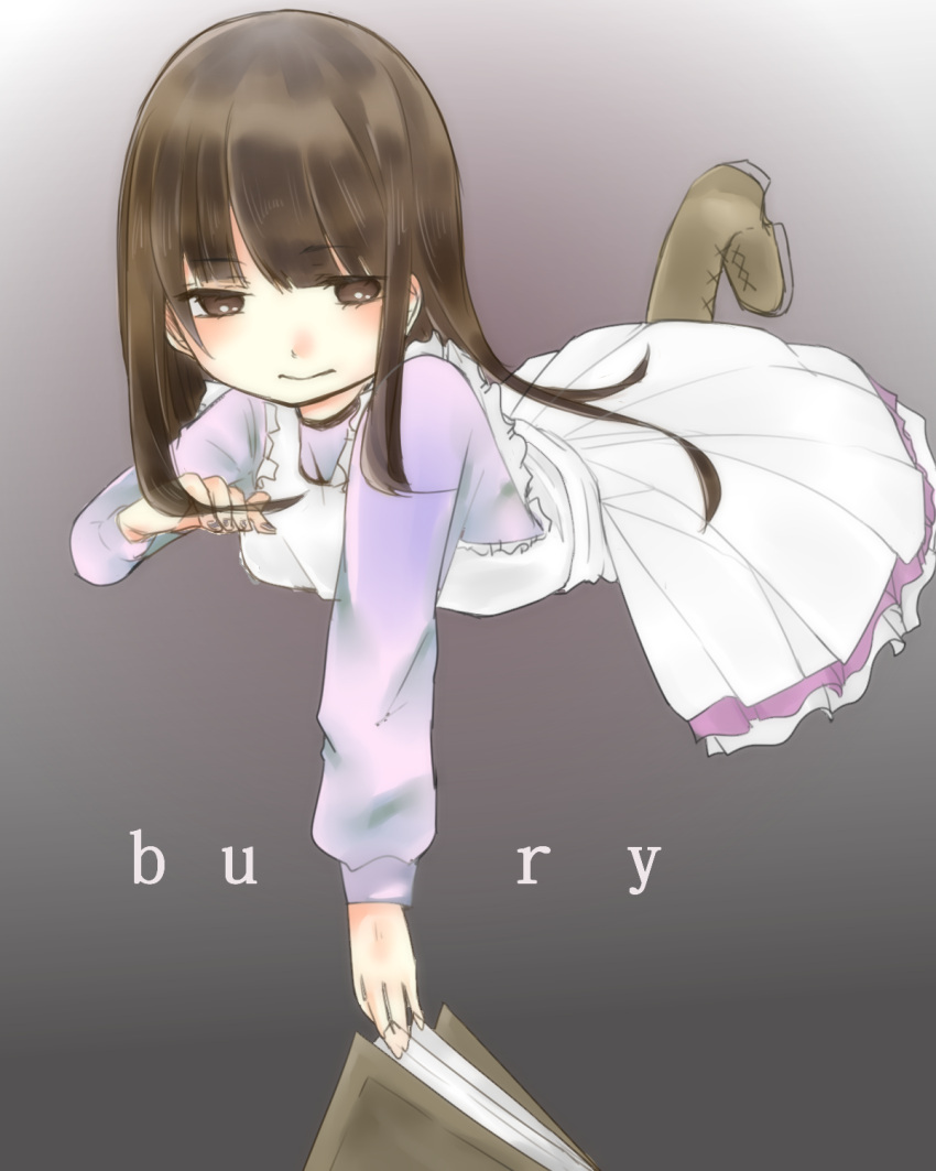 1girl, apron, artist_request, bangs, blush, book, boots, brown_eyes