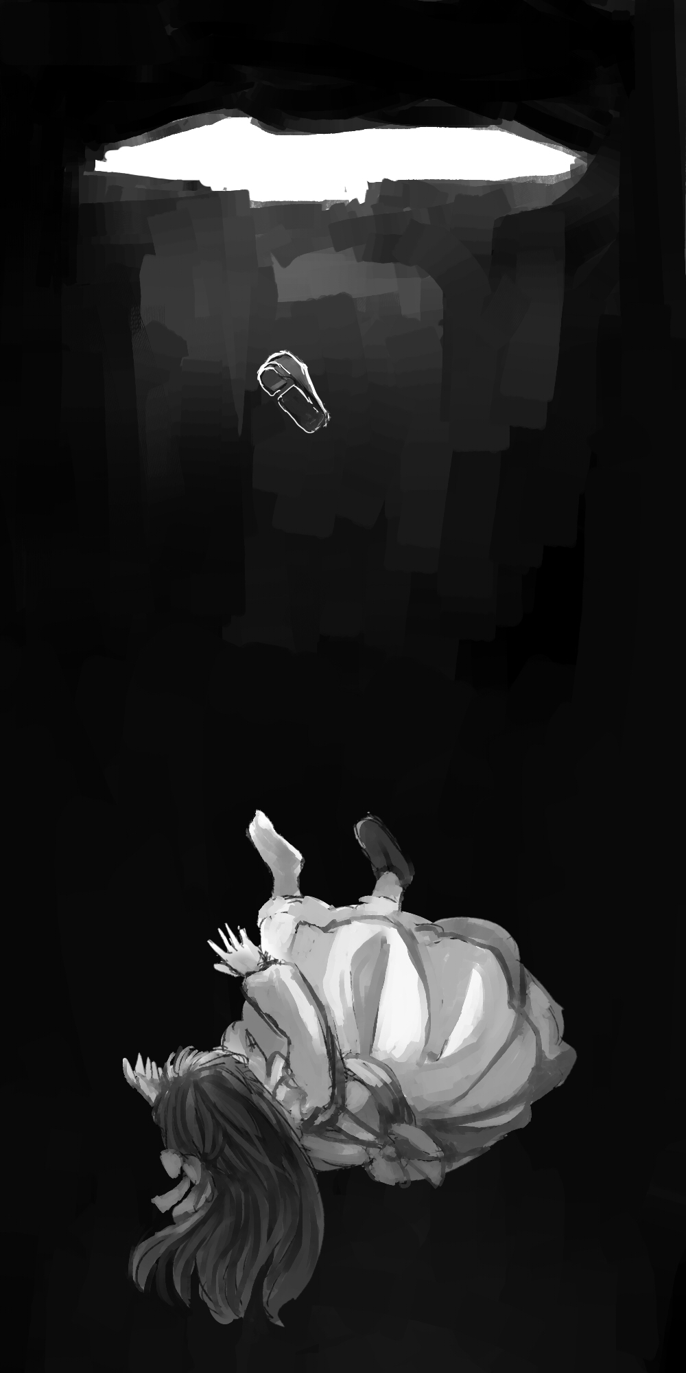 1girl, black_background, bury, coco_(bury), falling, highres, long_hair, picopuri