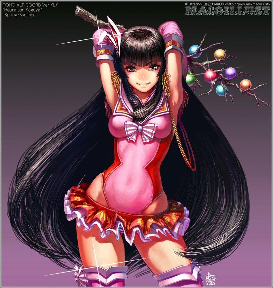 1girl, alternate_costume, armpits, arms_up, black_hair, bow, branch, breasts, brown_eyes, bunny_hair_ornament, dated, detached_collar, hair_ornament, hime_cut, houraisan_kaguya, jeweled_branch_of_hourai, leotard, long_hair, looking_at_viewer, maco_(macoillust), micro_skirt, smile, solo, thigh-highs, touhou, very_long_hair