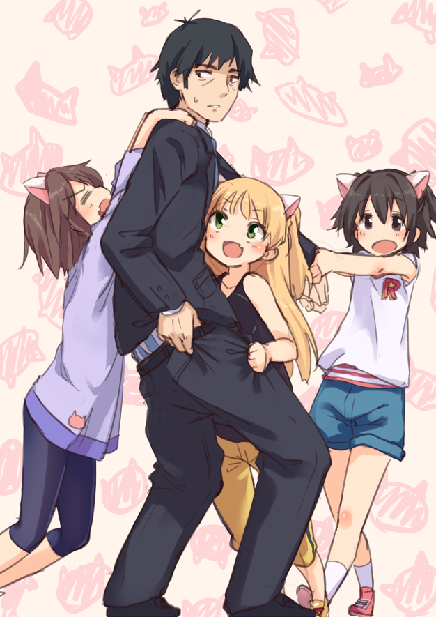 1boy, 3girls, :d, akagi_miria, animal_ears, black_hair, blonde_hair, blush