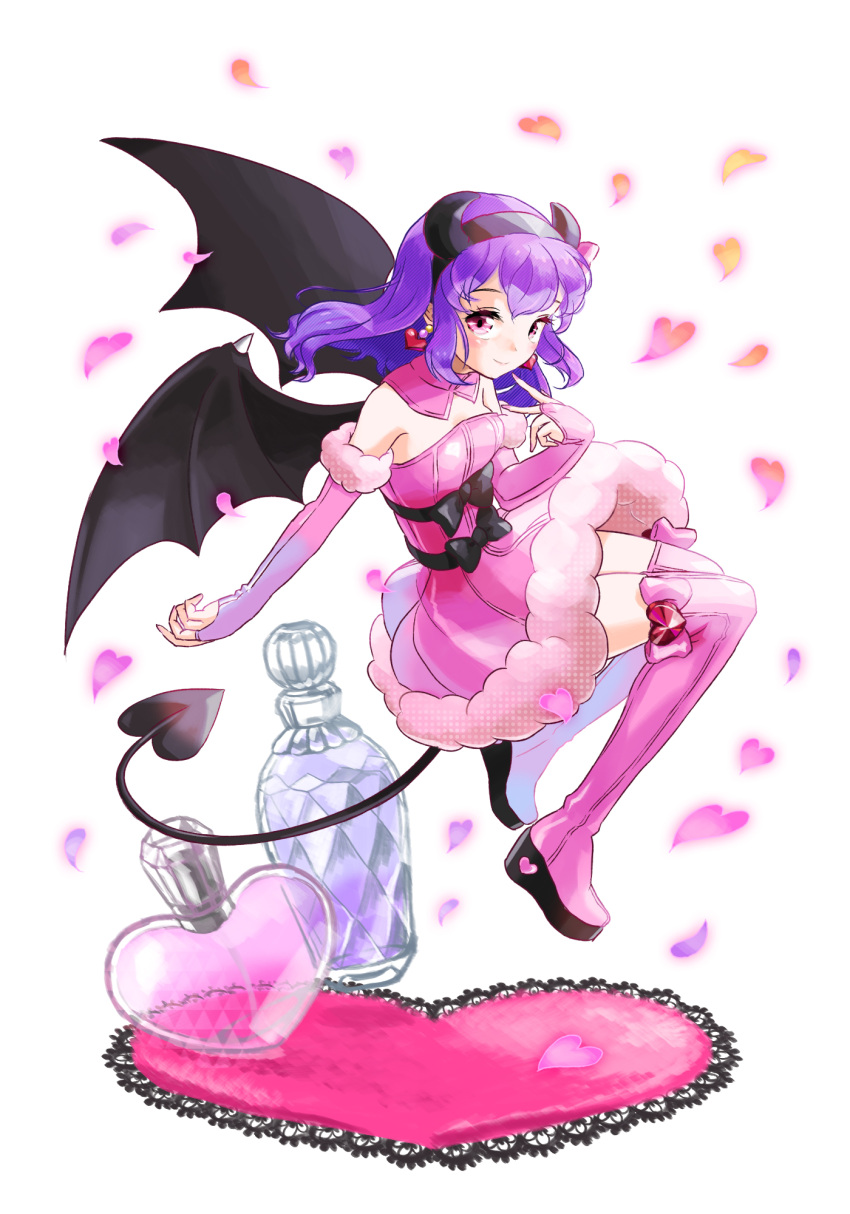 1girl, arm_warmers, avarita_(otoca_doll), bat_wings, black_bow, boots, bottle, bow