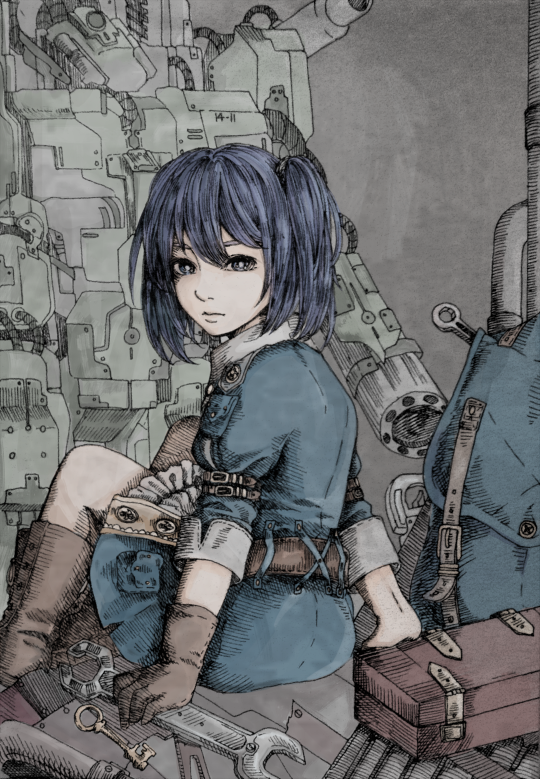 1girl, arm_belt, belt, blonde_hair, blue_eyes, boots, brown_boots, combination_wrench