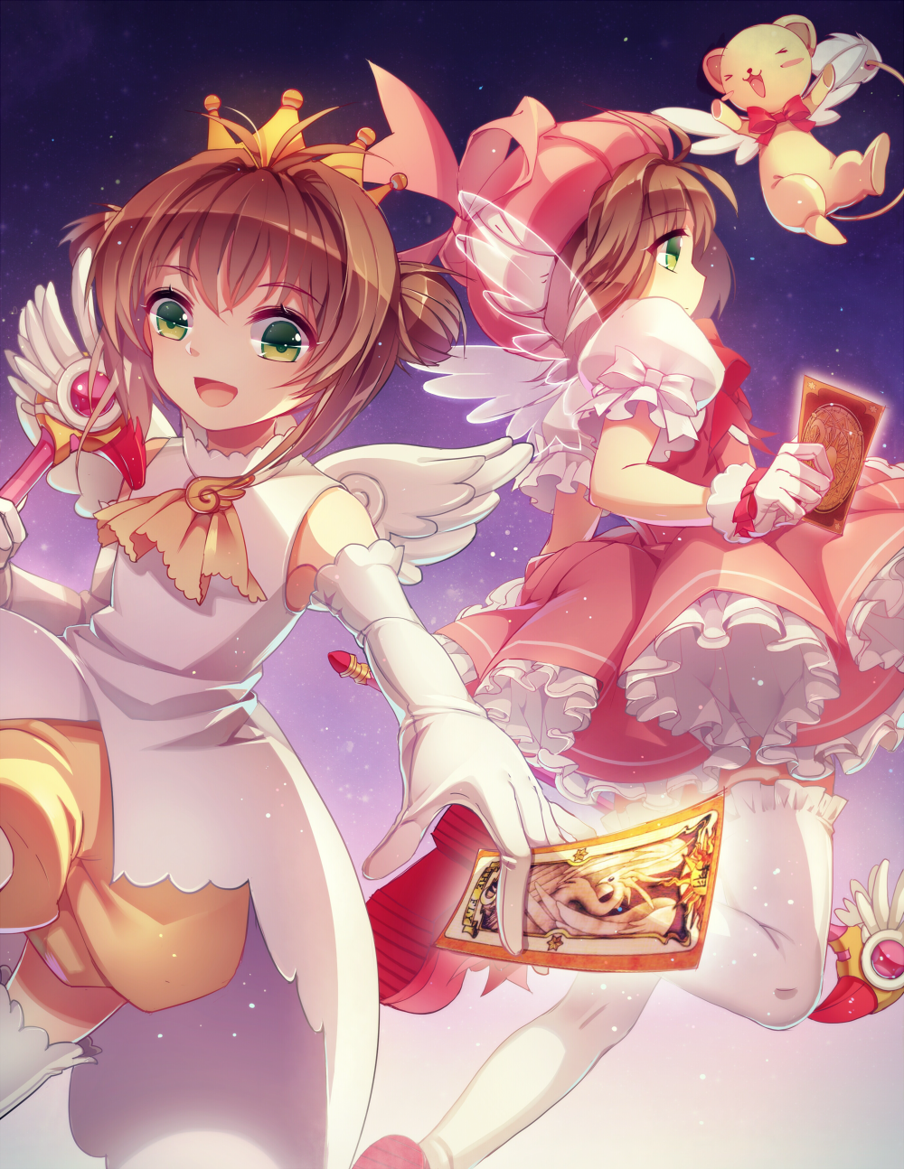 2girls, brown_hair, cardcaptor_sakura, clow_card, crown, dress, dual_persona, elbow_gloves