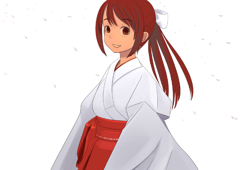 japanese_clothes, miko, petals, ponytail, solo, souldeep