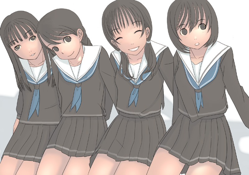 4girls, brown_hair, everyone, multiple_girls, school_uniform, serafuku, short_twintails, smile