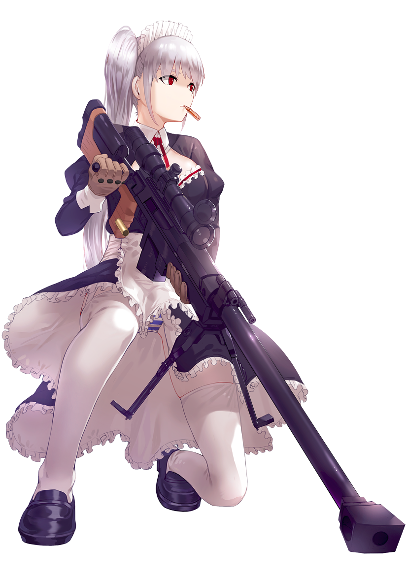 1girl, anti-tank_rifle, bullet, gun, kfr, kneeling, maid, maid_headdress