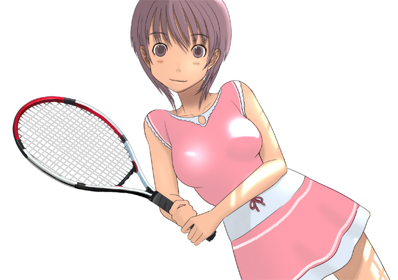 black_hair, dress, pink_dress, racket, souldeep, tennis_racket