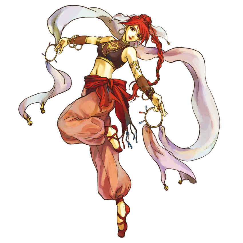 1girl, bare_shoulders, bracelet, breasts, brown_hair, cleavage, closed_mouth, crop_top, dancer, dancing, earrings, facial_mark, female, fire_emblem, fire_emblem:_seima_no_kouseki, forehead_mark, full_body, gold_trim, highres, hoop_earrings, jewelry, lips, lipstick, long_hair, looking_at_viewer, medium_breasts, midriff, navel, no_socks, official_art, one_leg_raised, red_eyes, red_hair, red_lips, redhead, sash, see-through, simple_background, sleeveless, smile, solo, tethys, wada_sachiko, white_background