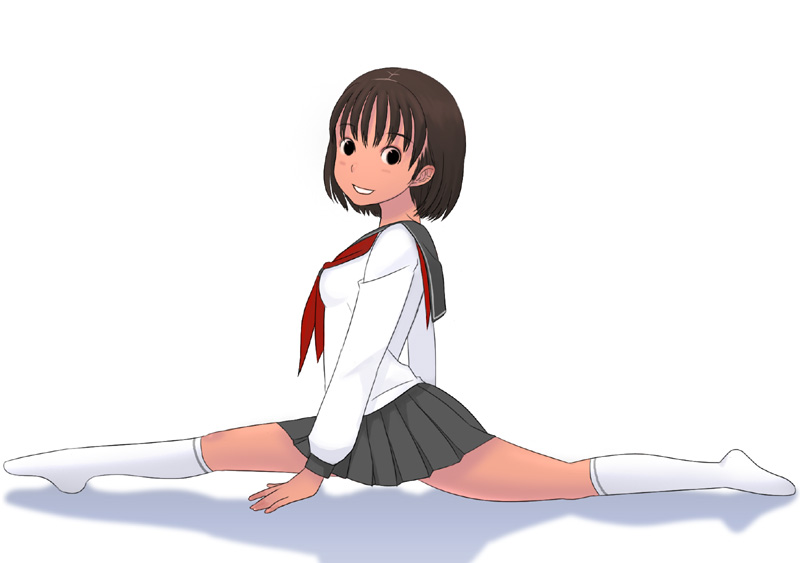 black_eyes, brown_hair, kneehighs, school_uniform, serafuku, skirt, smile, socks