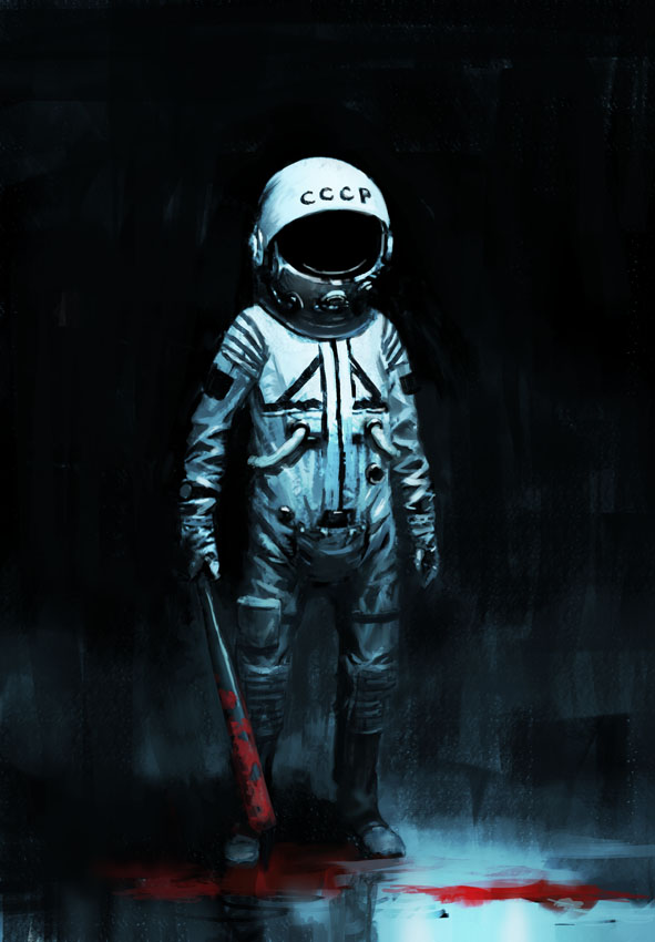 aiba_ryosuke, astronaut, baseball_bat, blood, blood_stain, helmet, original, realistic