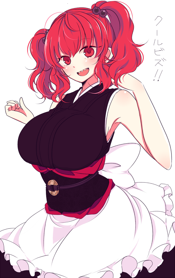 1girl, adapted_costume, apron, bianco_(mapolo), bow, breasts, coin, dress, frills, hair_bobbles, hair_ornament, huge_breasts, looking_at_viewer, obi, onozuka_komachi, open_mouth, red_eyes, redhead, ribbon, sash, sharp_teeth, short_hair, simple_background, sleeveless, smile, solo, string, text, touhou, twintails, waist_apron, white_background