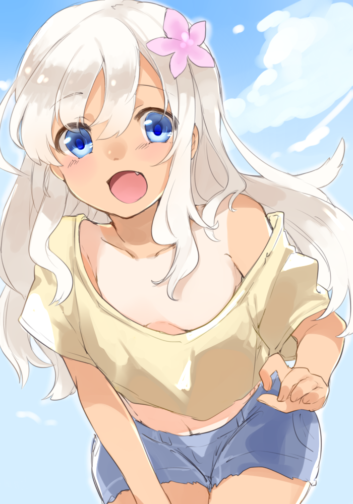 1girl, blonde_hair, blue_eyes, downblouse, fang, flower, hair_flower, hair_ornament, kantai_collection, long_hair, meru_(merumumu), no_bra, ro-500_(kantai_collection), small_breasts, smile, solo, tan, tanline