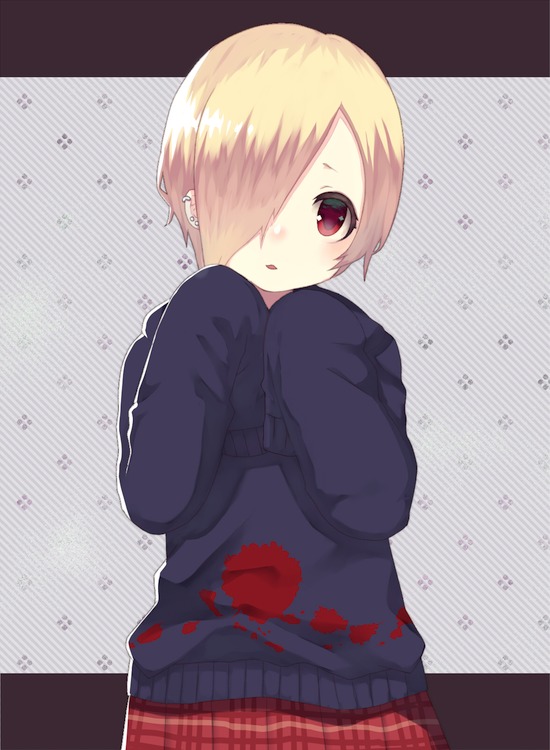 1girl, bags_under_eyes, blonde_hair, blush, brown_eyes, earrings, hair_over_one_eye, hoodie