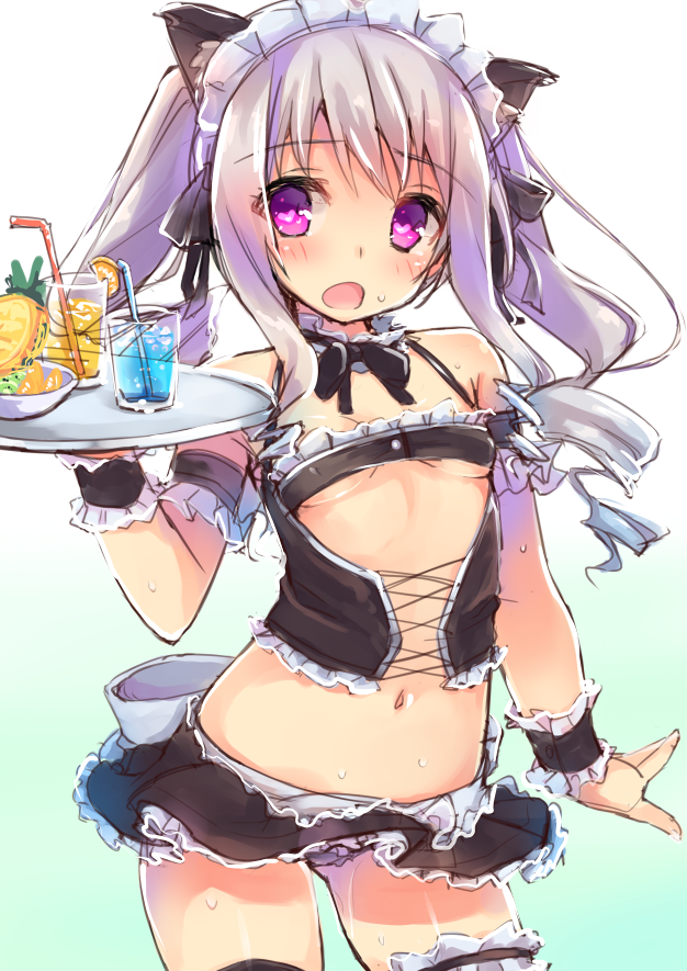1girl, apron, arm_garter, breasts, contrapposto, corset, detached_collar, drill_hair
