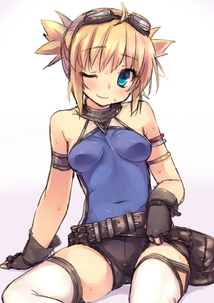 1girl, arm_support, bare_shoulders, black_gloves, blonde_hair, blue_eyes, blush, breasts
