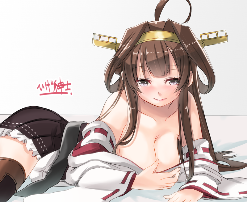 1girl, ahoge, bare_shoulders, boots, breasts, brown_hair, detached_sleeves, double_bun