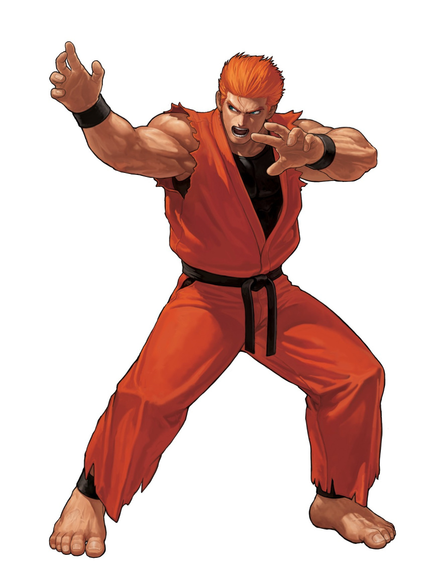 1boy, barefoot, eisuke_ogura, fighting_stance, full_body, highres, king_of_fighters, king_of_fighters_xii