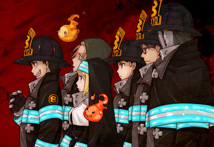 2girls, 3boys, akitaru_oubi, androgynous, blue_eyes, enen_no_shoubotai, fireball, firefighter, habit, iris_(enen_no_shoubotai), maki_oze, multiple_boys, multiple_girls, neon_trim, nun, official_art, okubo_atsushi, profile, red_eyes, sharp_teeth, shinra_kusakabe, smile, takehisa_hinawame, upper_body