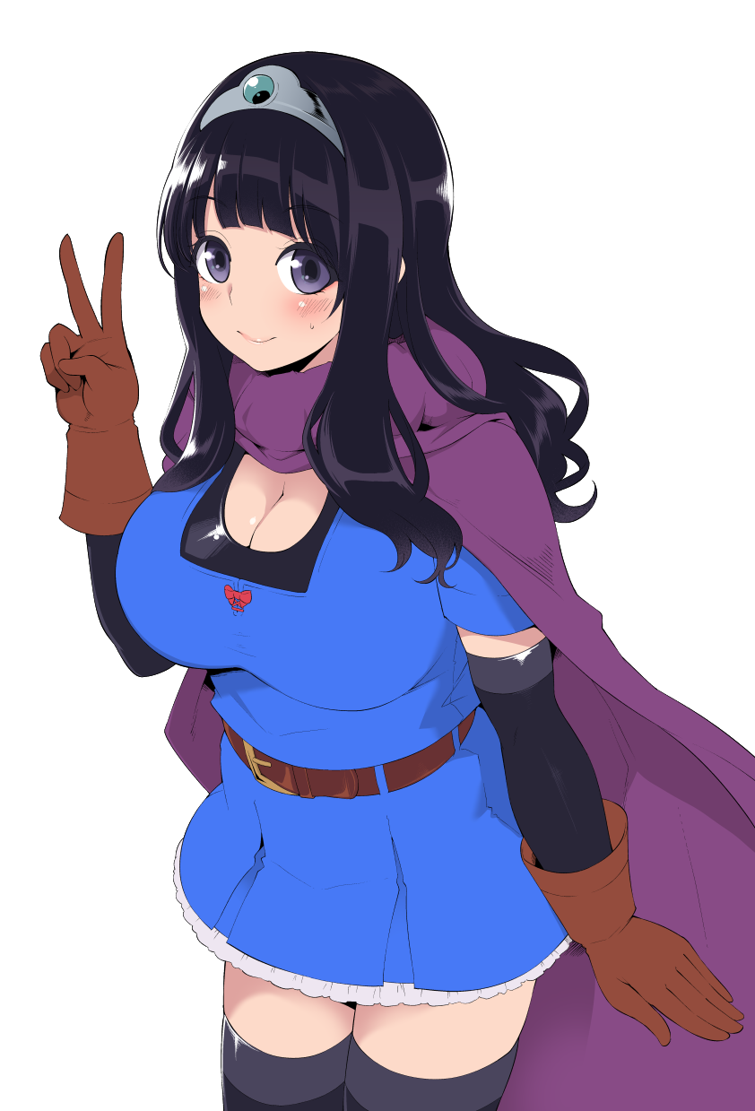 1girl, belt, black_hair, blush, breasts, cape, circlet, cleavage