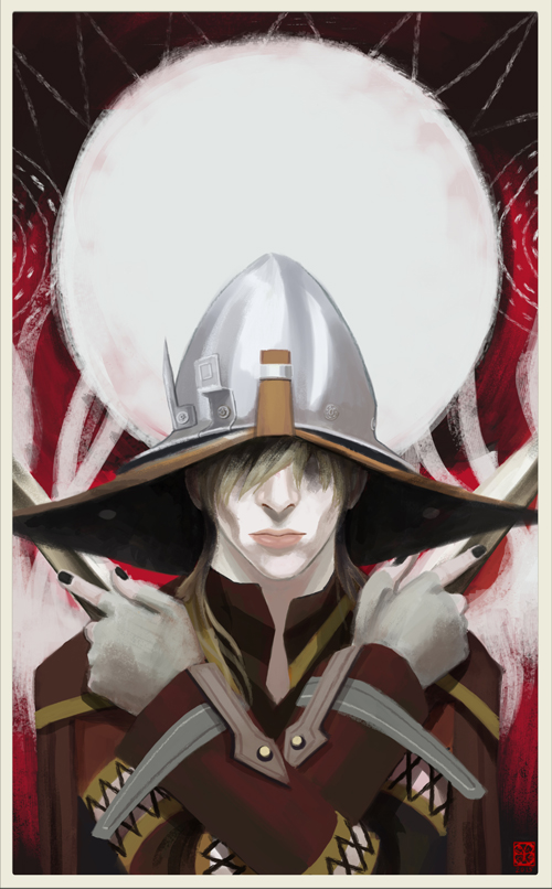 1boy, black_nails, border, cole_(dragon_age), crossed_arms, dragon_age, dragon_age:_inquisition, eun_se, hair_over_eyes, hat, male_focus, nail_polish, robe, solo, sword, watermark, weapon
