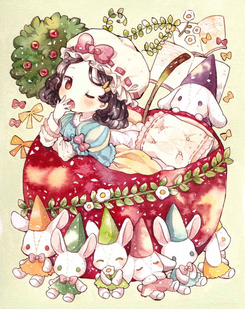 1girl, ^_^, apple, bed, black_hair, blush, book, child