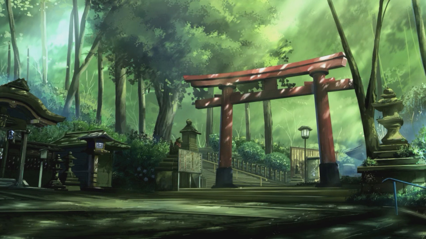 forest, fushimi_inari_taisha, highres, lamppost, light_rays, nature, niko_p, no_humans