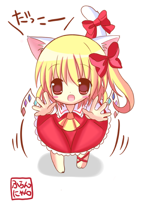 1girl, animal_ears, bell, blonde_hair, blush_stickers, bow, cat_ears, cat_tail, chibi, flandre_scarlet, hair_bow, hane., outstretched_hand, red_eyes, solo, tail, tail_bell, touhou, wings
