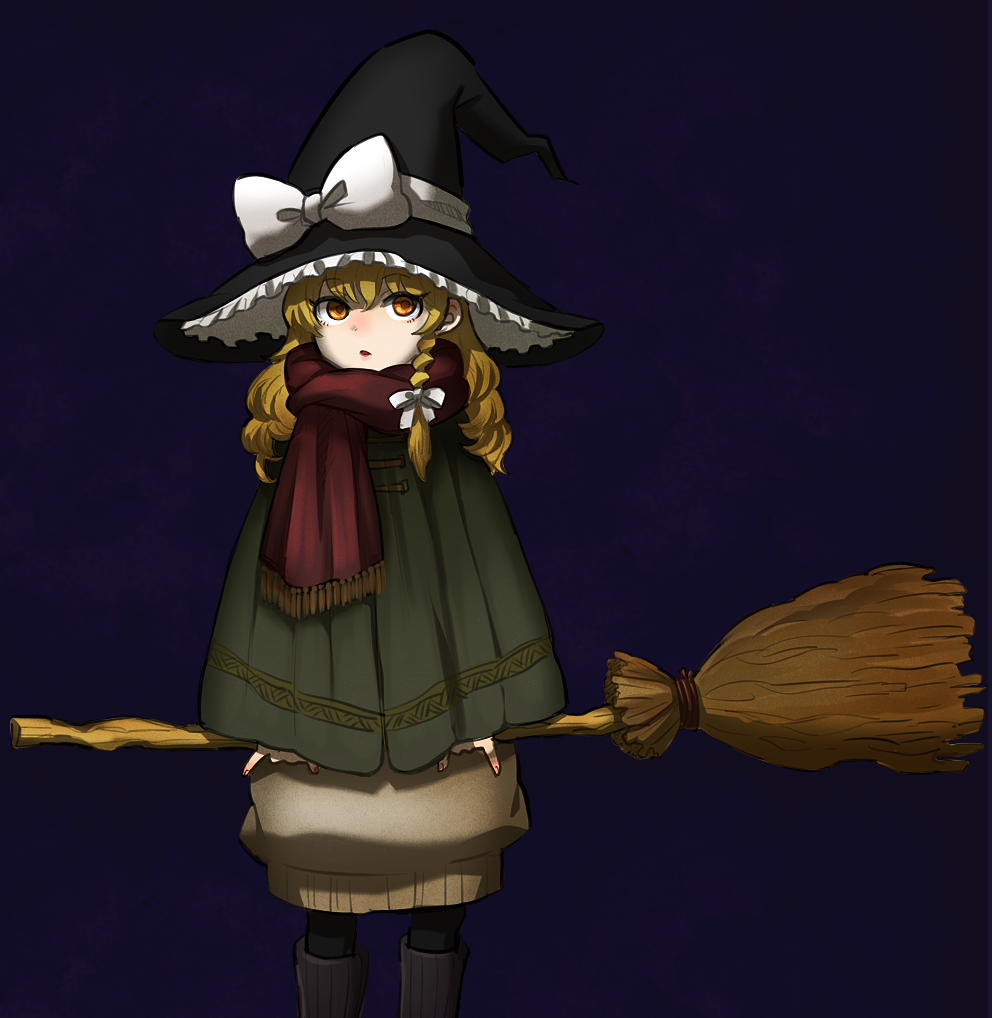 1girl, black_legwear, blonde_hair, blue_background, boots, bow, braid, broom