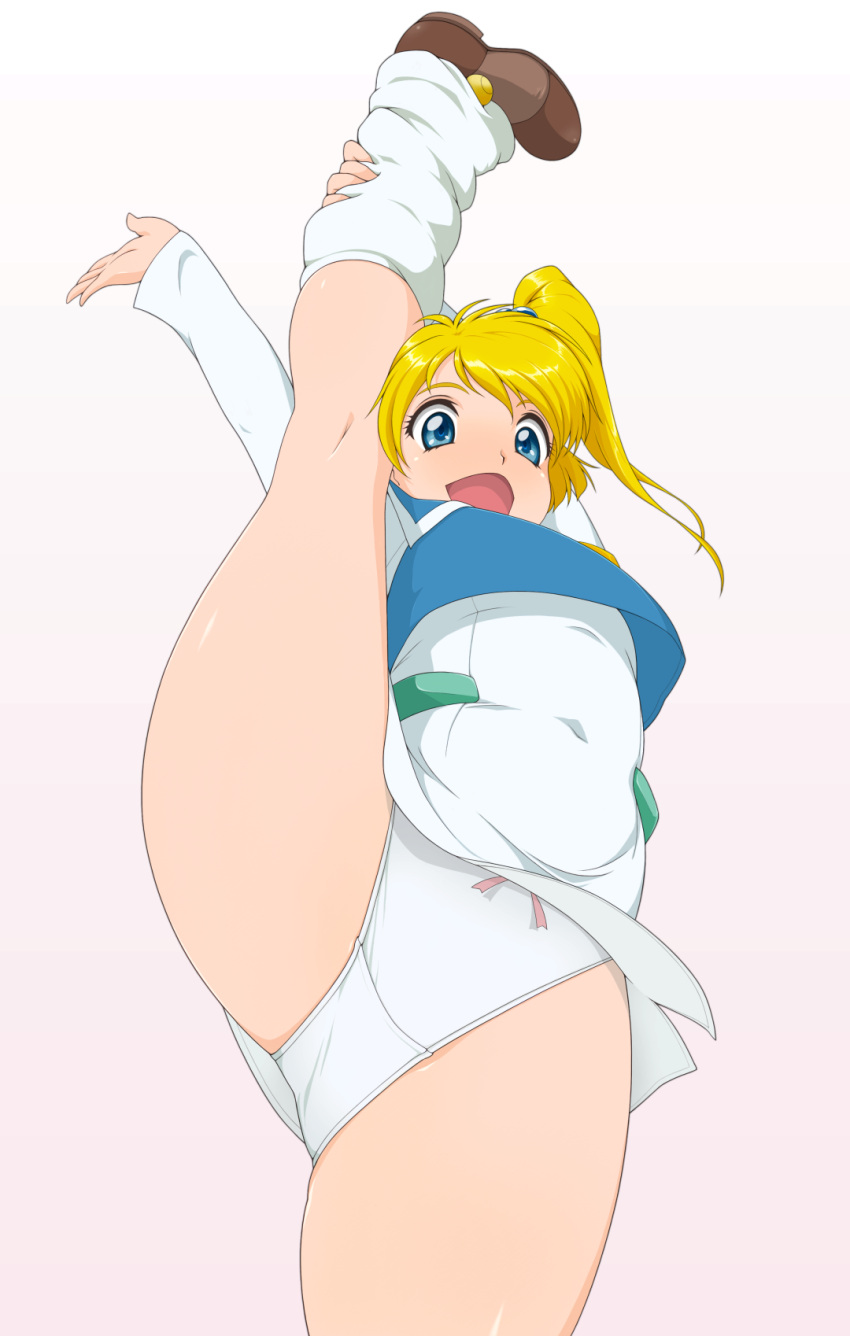 1girl, blonde_hair, blue_eyes, bow, bow_panties, flexible, gradient, gradient_background