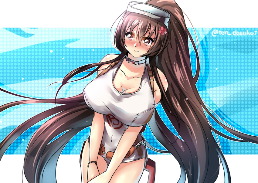 1girl, blush, breasts, brown_eyes, brown_hair, embarrassed, juurouta, kantai_collection, large_breasts, long_hair, looking_to_the_side, maru-yu_(kantai_collection), maru-yu_(kantai_collection)_(cosplay), one-piece_swimsuit, ponytail, solo, swimsuit, v_arms, very_long_hair, wavy_mouth, white_swimsuit, yamato_(kantai_collection)